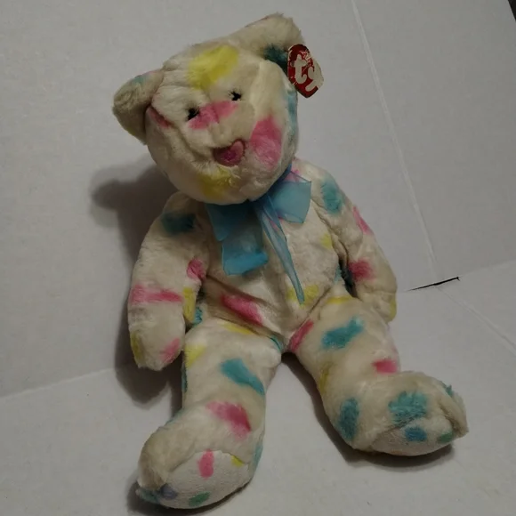 Vintage Beanie Baby Kissme.Ty Multicolor Plush Bear with Blue Bow - Picture 1 of 5